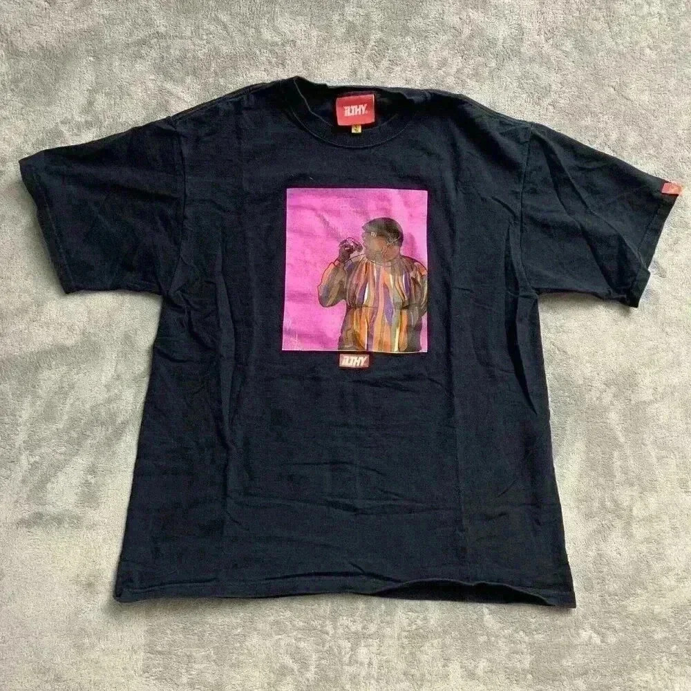 Ilthy T-Shirt Mens Size Large Biggie Eating Donut Numbered Of 43 Black Cracking
